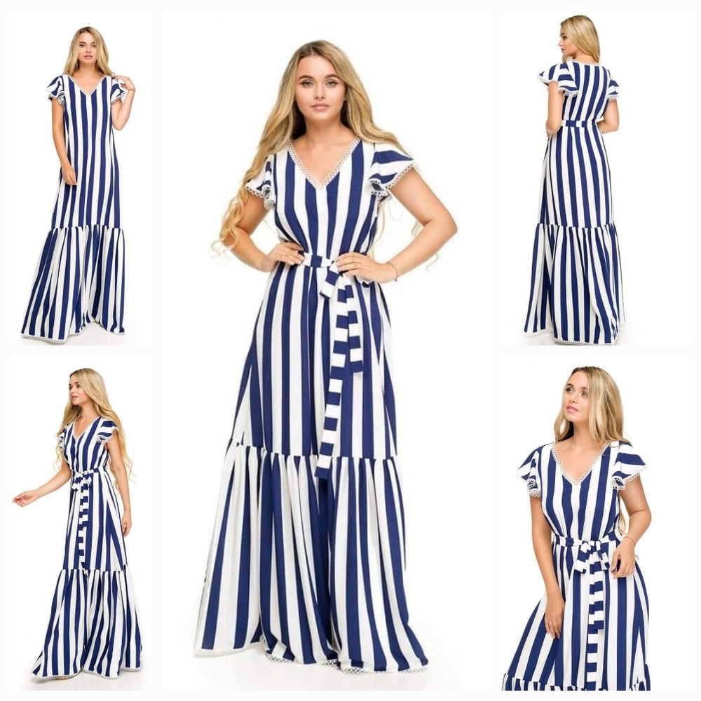 SUMMER BEAUTIFUL BLUE WHITE STRIPES LONG WOMEN DRESS